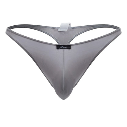 Gray xtremen 91217 microfiber thong with subtle mesh texture and black brand tag at the center front