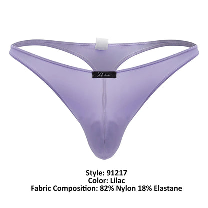 Lilac-colored sheer nylon and elastane Xtremen 91217 microfiber thong with black brand tag visible on front side