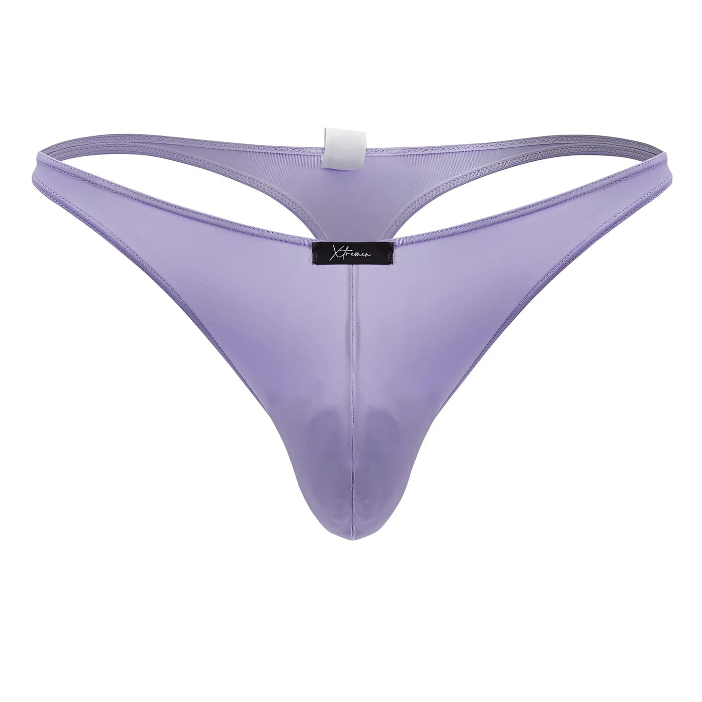 Lavender-colored sheer mesh microfiber thong with black Xtremen brand tag at center in lilac color