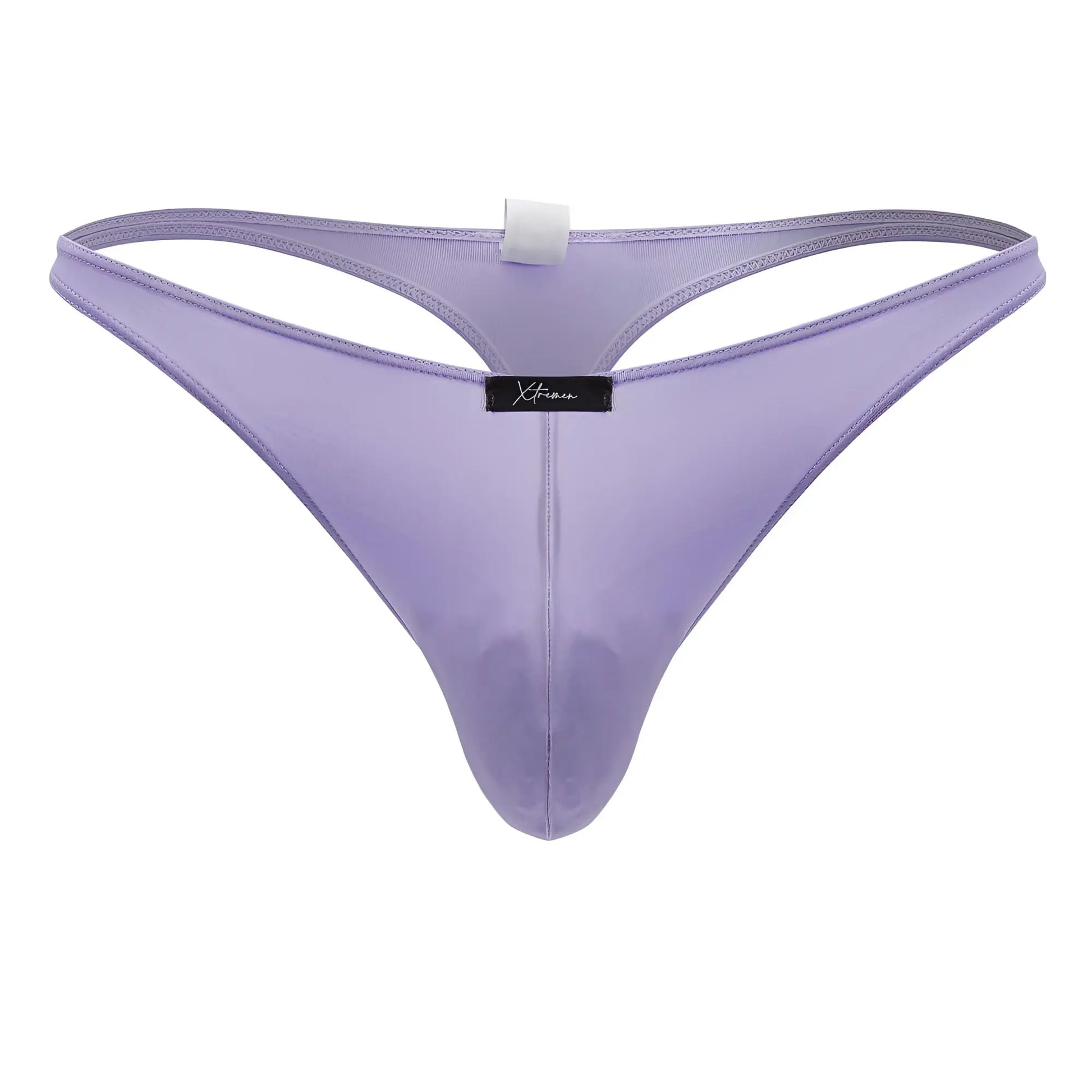 Lavender-colored sheer mesh microfiber thong with black Xtremen brand tag at center in lilac color