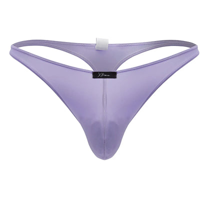 Lavender-colored sheer mesh microfiber thong with black Xtremen brand tag at center in lilac color