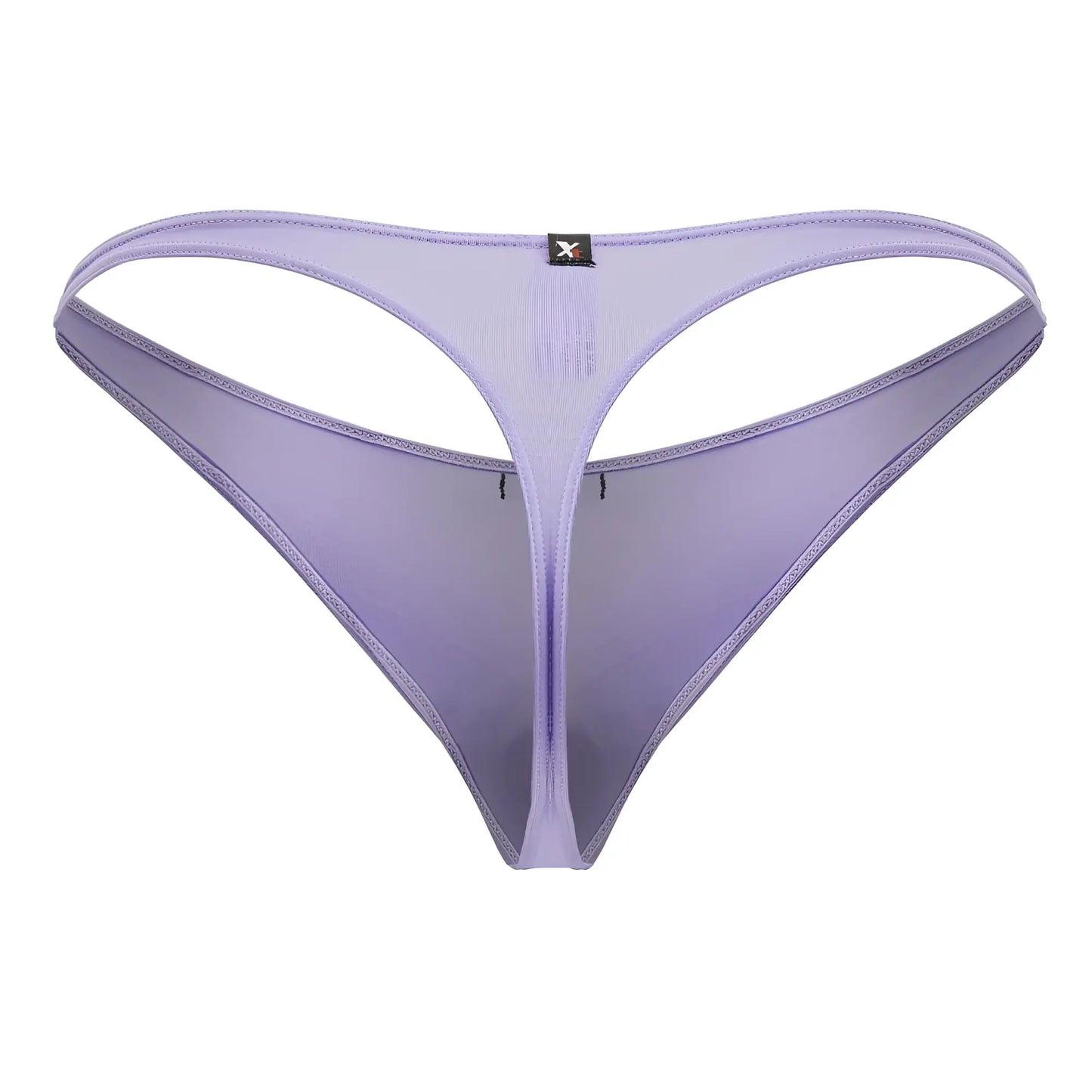 Lavender sheer mesh thong in lilac microfiber with thin design and small black Xtremen brand tag shown from the back