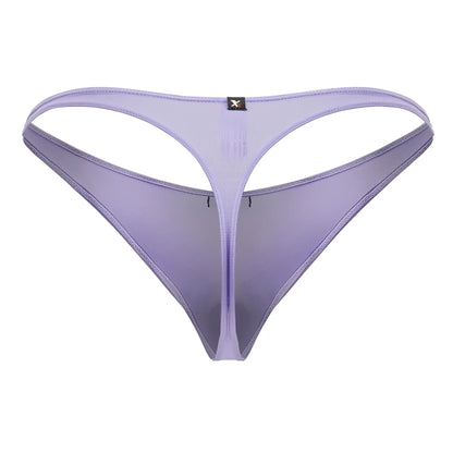 Lavender sheer mesh thong in lilac microfiber with thin design and small black Xtremen brand tag shown from the back
