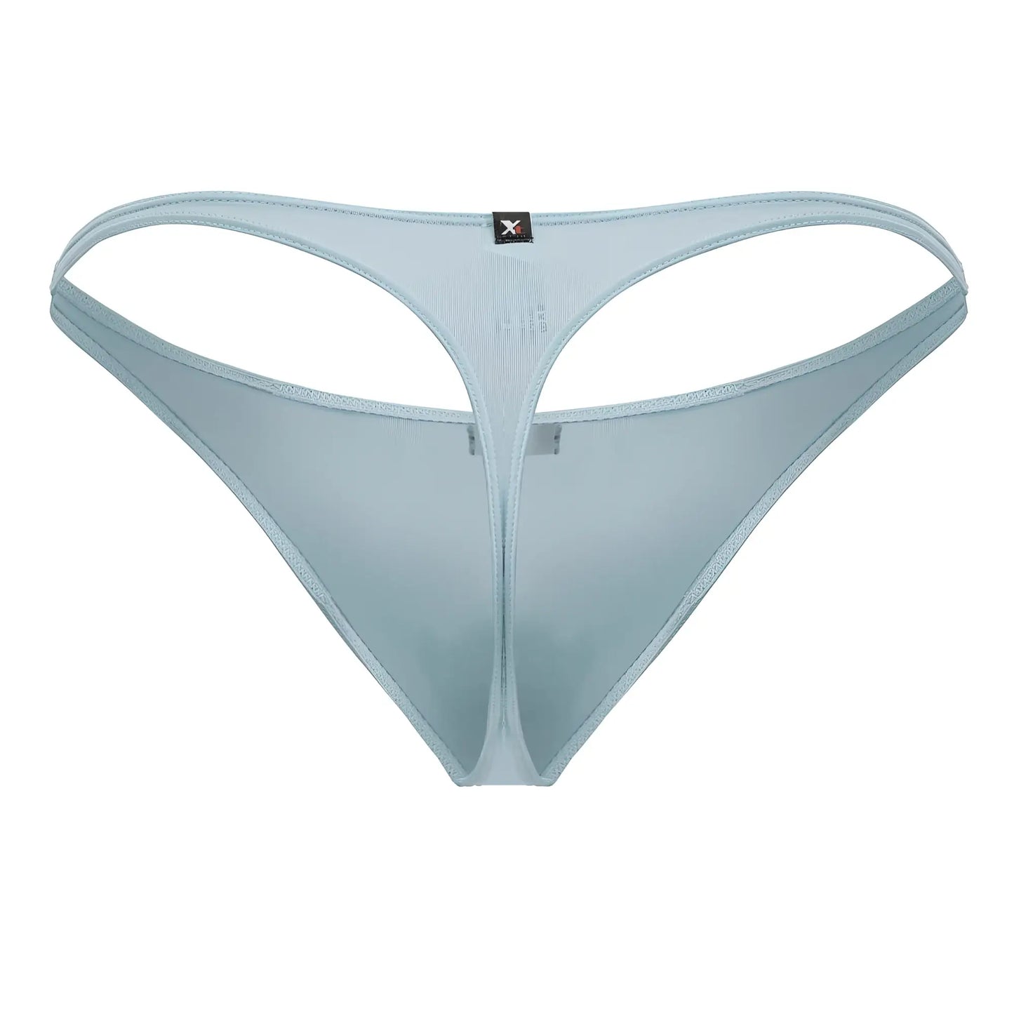 Light blue sheer mesh xtremen 91217 microfiber thong with thin supportive design and small black brand tag at the back