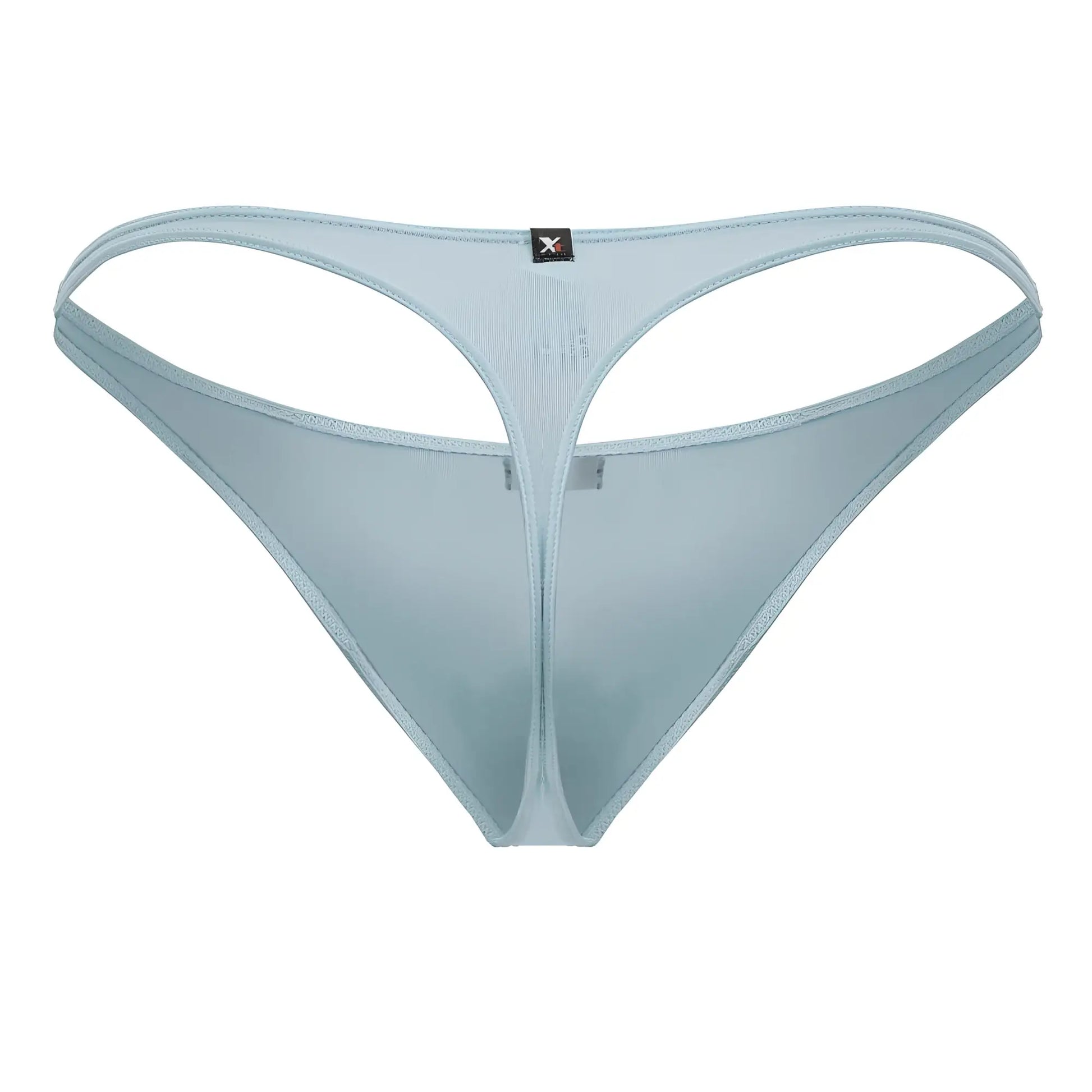 Light blue sheer mesh xtremen 91217 microfiber thong with thin supportive design and small black brand tag at the back
