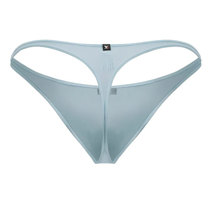 Light blue sheer mesh xtremen 91217 microfiber thong with thin supportive design and small black brand tag at the back