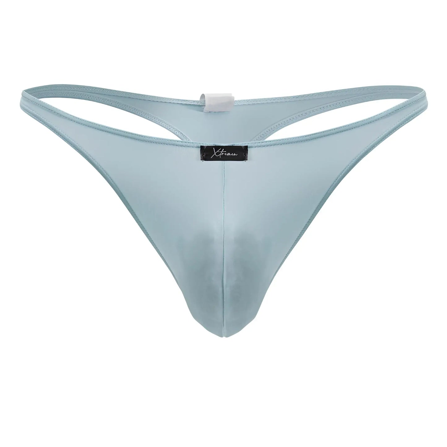 Light blue sheer mesh microfiber thong with black brand tag at center from Xtremen 91217 microthongs seawater collection