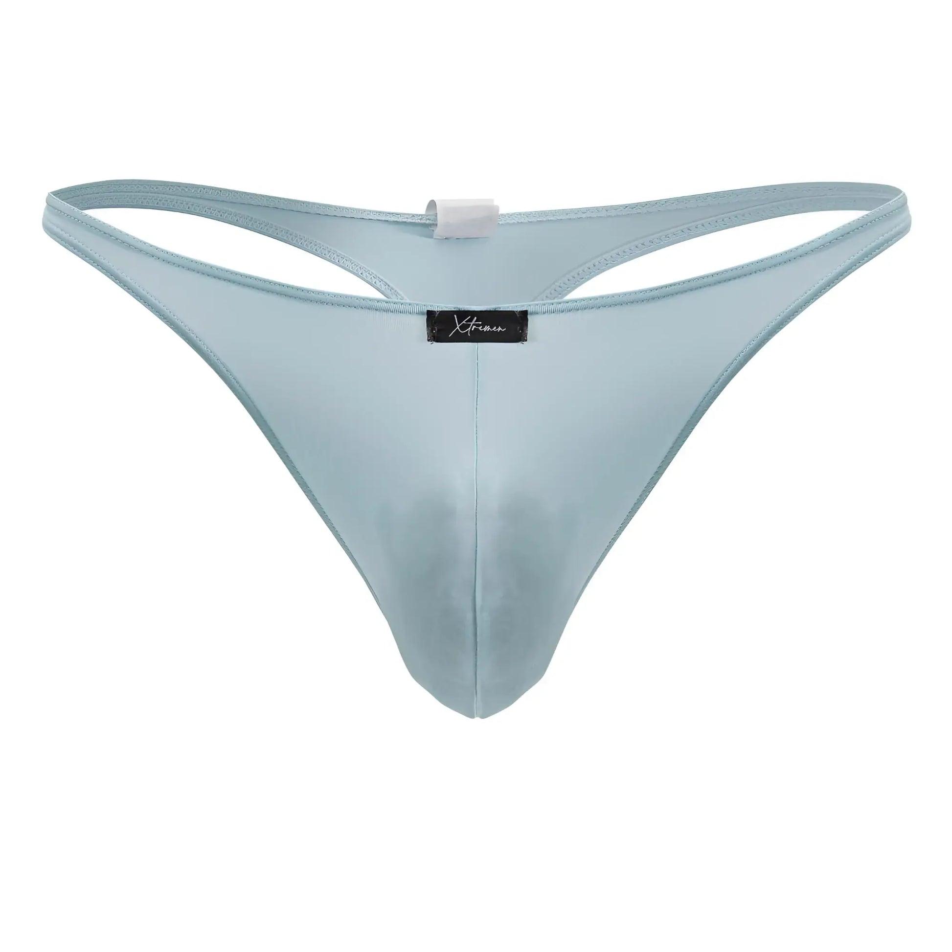 Light blue sheer mesh microfiber thong with black brand tag at center from Xtremen 91217 microthongs seawater collection
