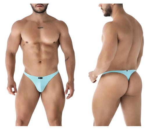 Light blue microfiber thong with small black logo on front from Xtremen 91217 collection color seawater