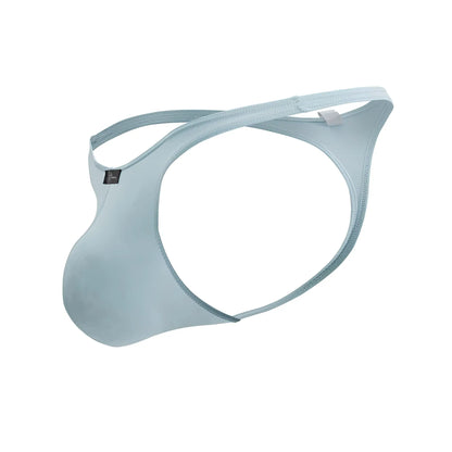 Light blue form-fitting thong made of smooth stretch microfiber with minimalist design and subtle edge stitching back view