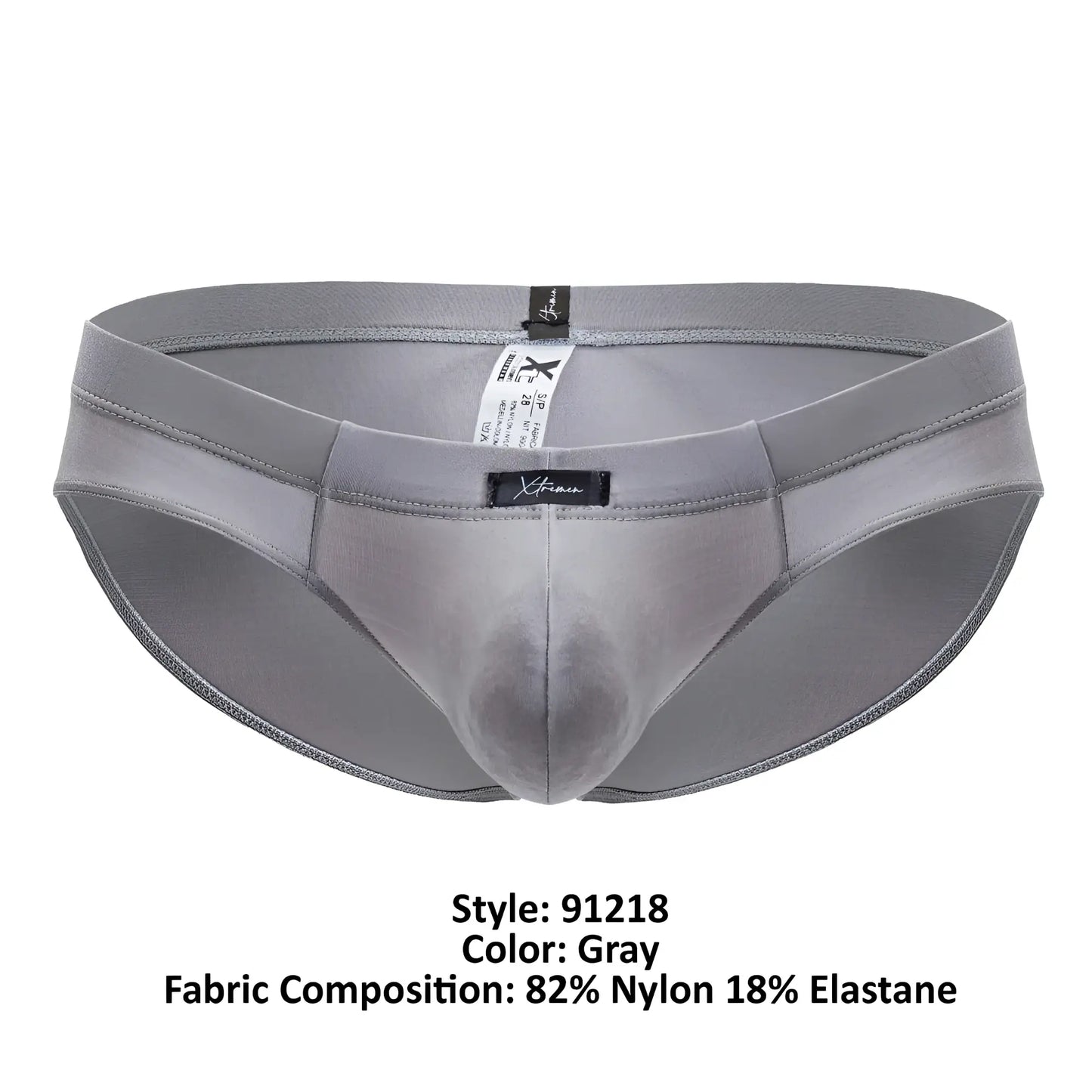 Gray xtremen 91218 microfiber briefs made of 82 percent nylon and 18 percent elastane with a sleek branded label