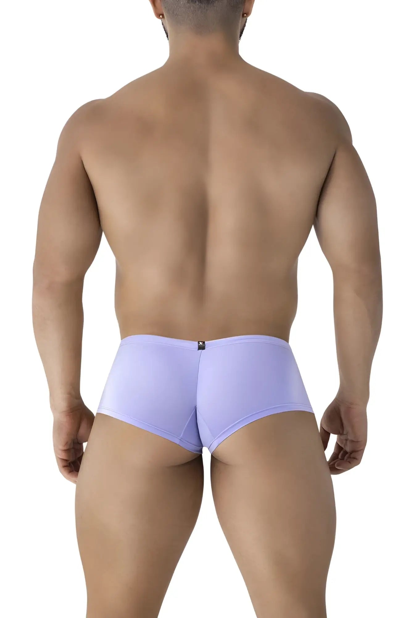 Back view of lavender xtremen 91219 microfiber trunks with smooth stretchy fabric and black logo on waistband