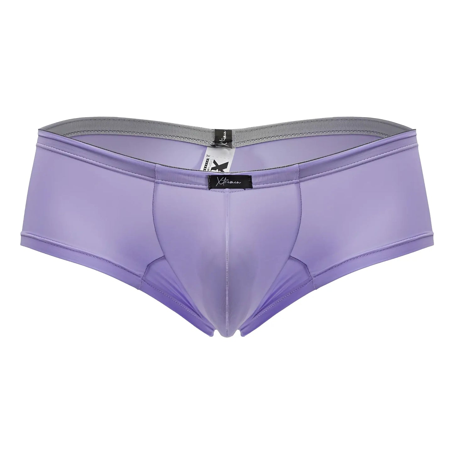 Xtremen 91219 microfiber lilac satin-like men’s briefs with gray elastic waistband and black brand tags