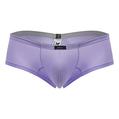 Xtremen 91219 microfiber lilac satin-like men’s briefs with gray elastic waistband and black brand tags