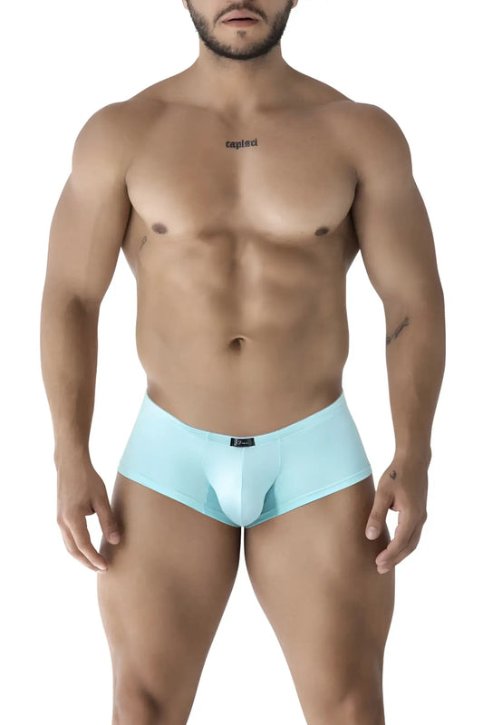 Light blue Xtremen 91219 microfiber trunks with sleek smooth fabric and a small black waistband brand tag