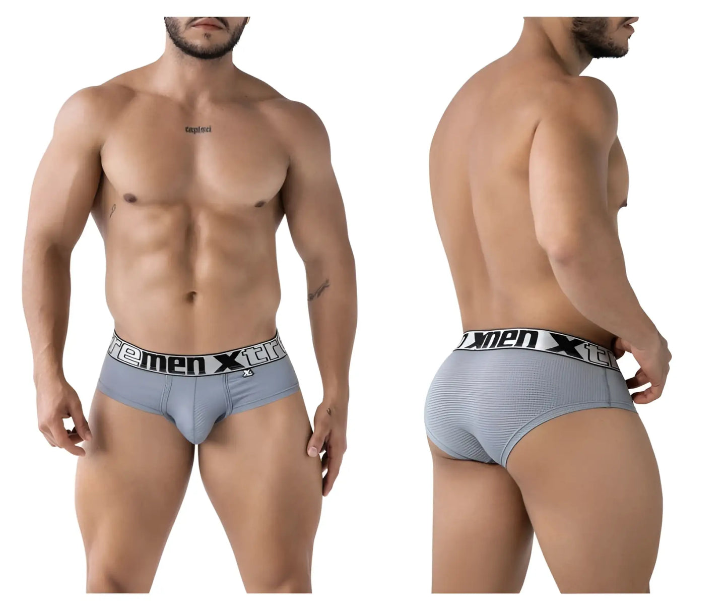 Gray xtremen 91221 microfiber men’s briefs with white elastic waistband and black xtreme men logo on the front