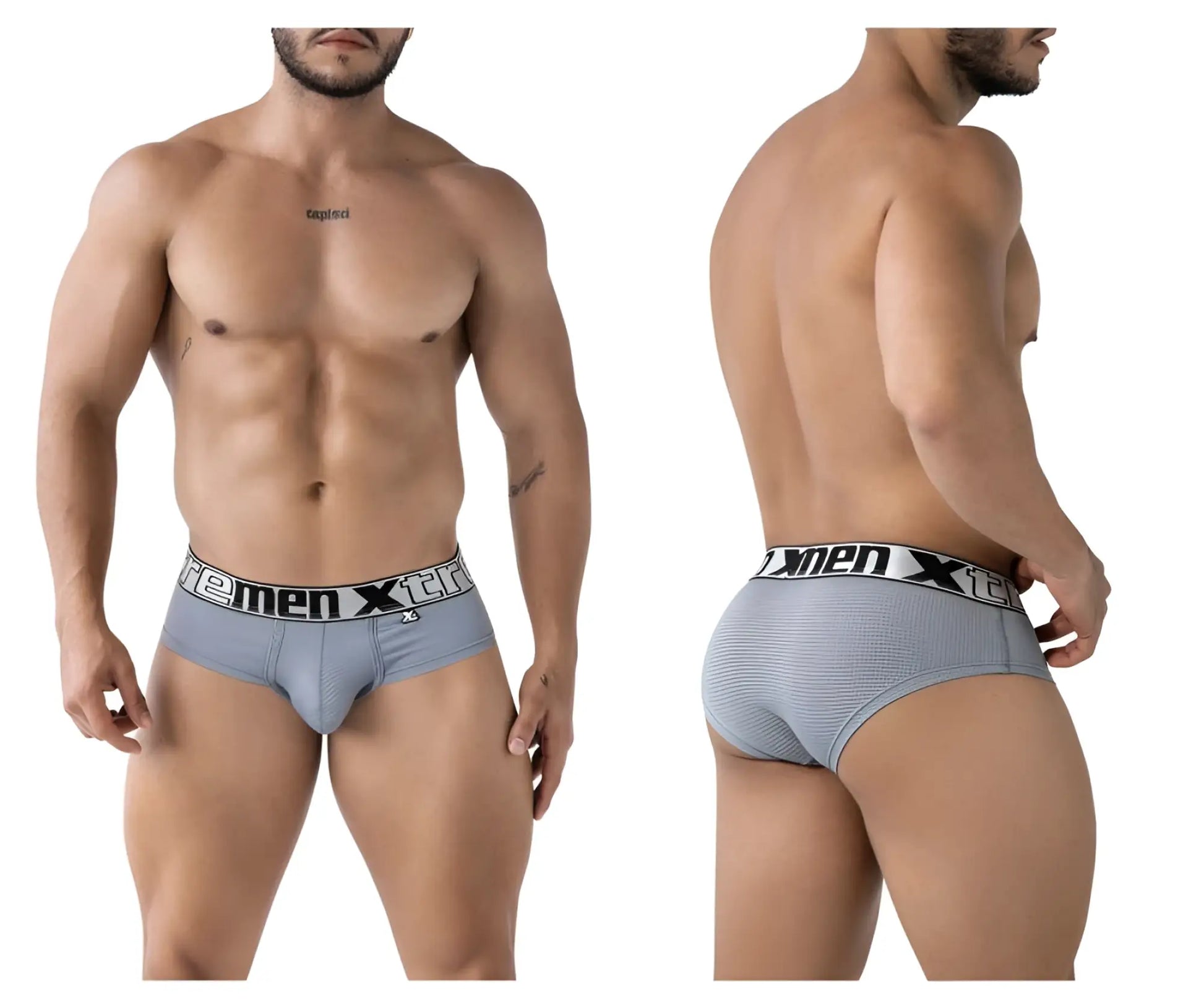 Gray xtremen 91221 microfiber men’s briefs with white elastic waistband and black xtreme men logo on the front