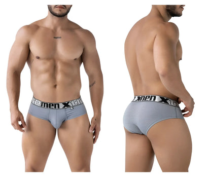 Gray xtremen 91221 microfiber men’s briefs with white elastic waistband and black xtreme men logo on the front
