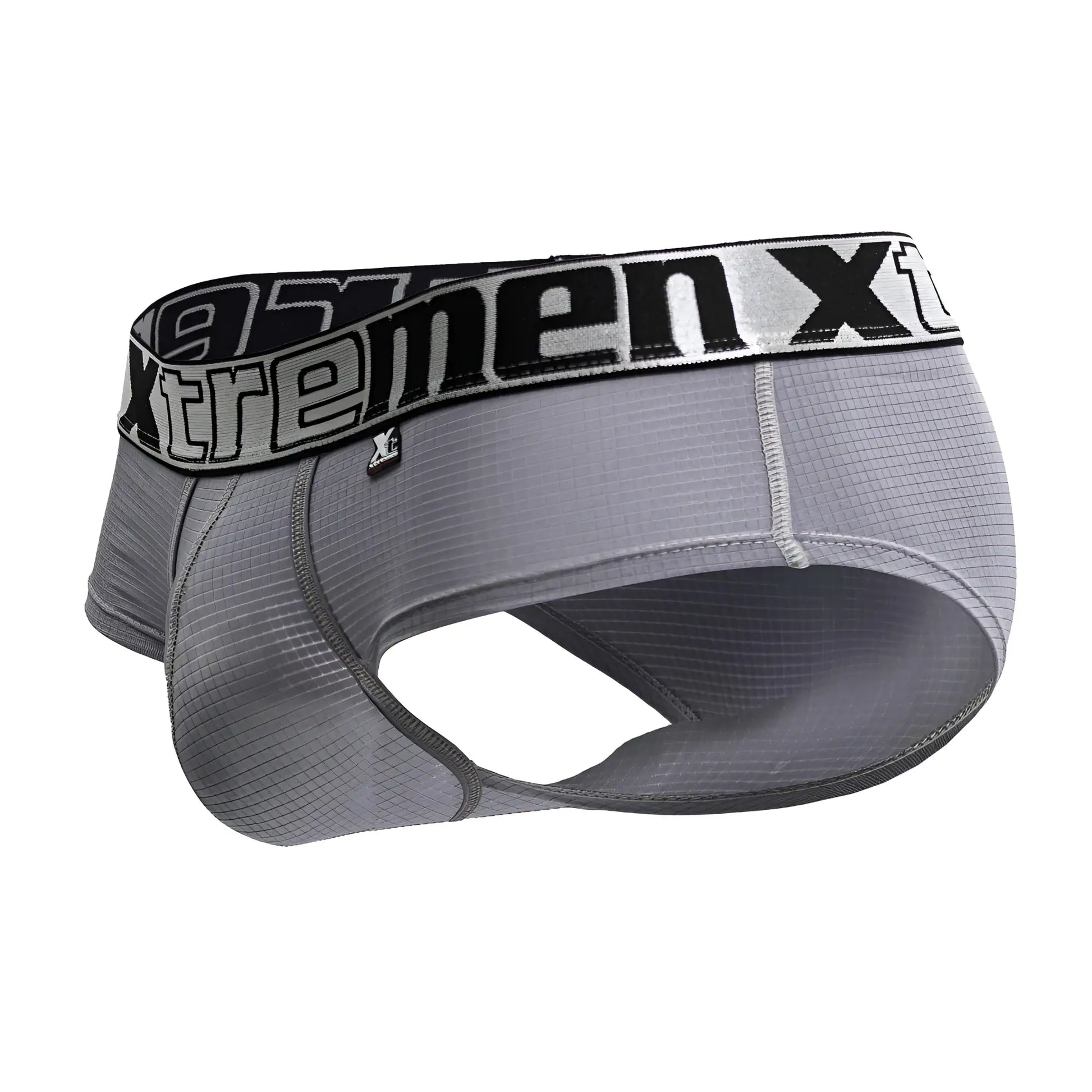 Gray xtremenx men’s athletic briefs with textured performance microfiber fabric and black silver branded waistband