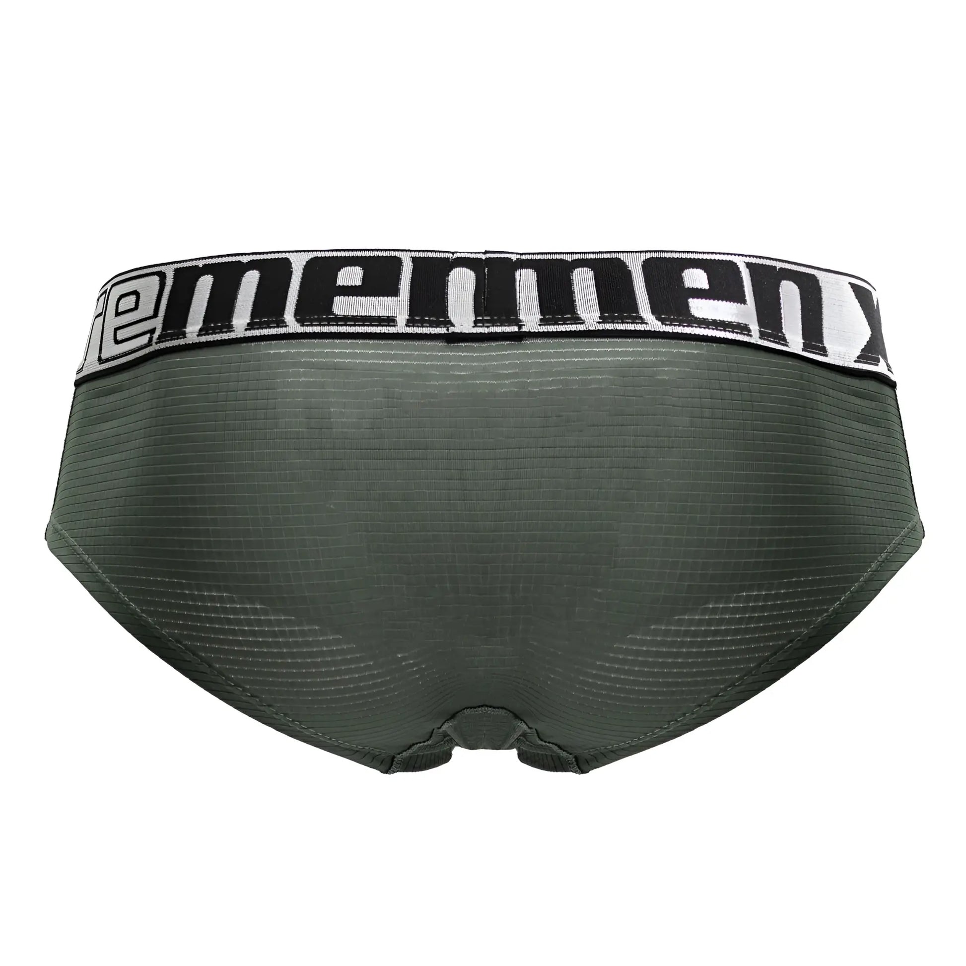 Olive green xtremen 91221 microfiber briefs with a black and white ememenx logo waistband for men