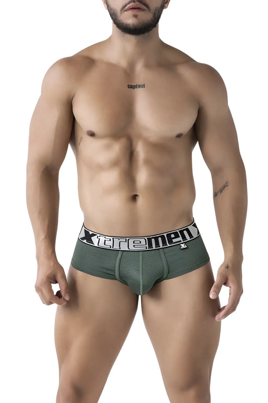 Olive green xtremen 91221 microfiber men briefs with white elastic waistband featuring brand logo