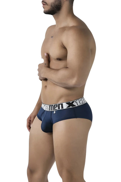 Navy xtremen 91221 microfiber briefs with white elastic waistband featuring extremen x black logo for men
