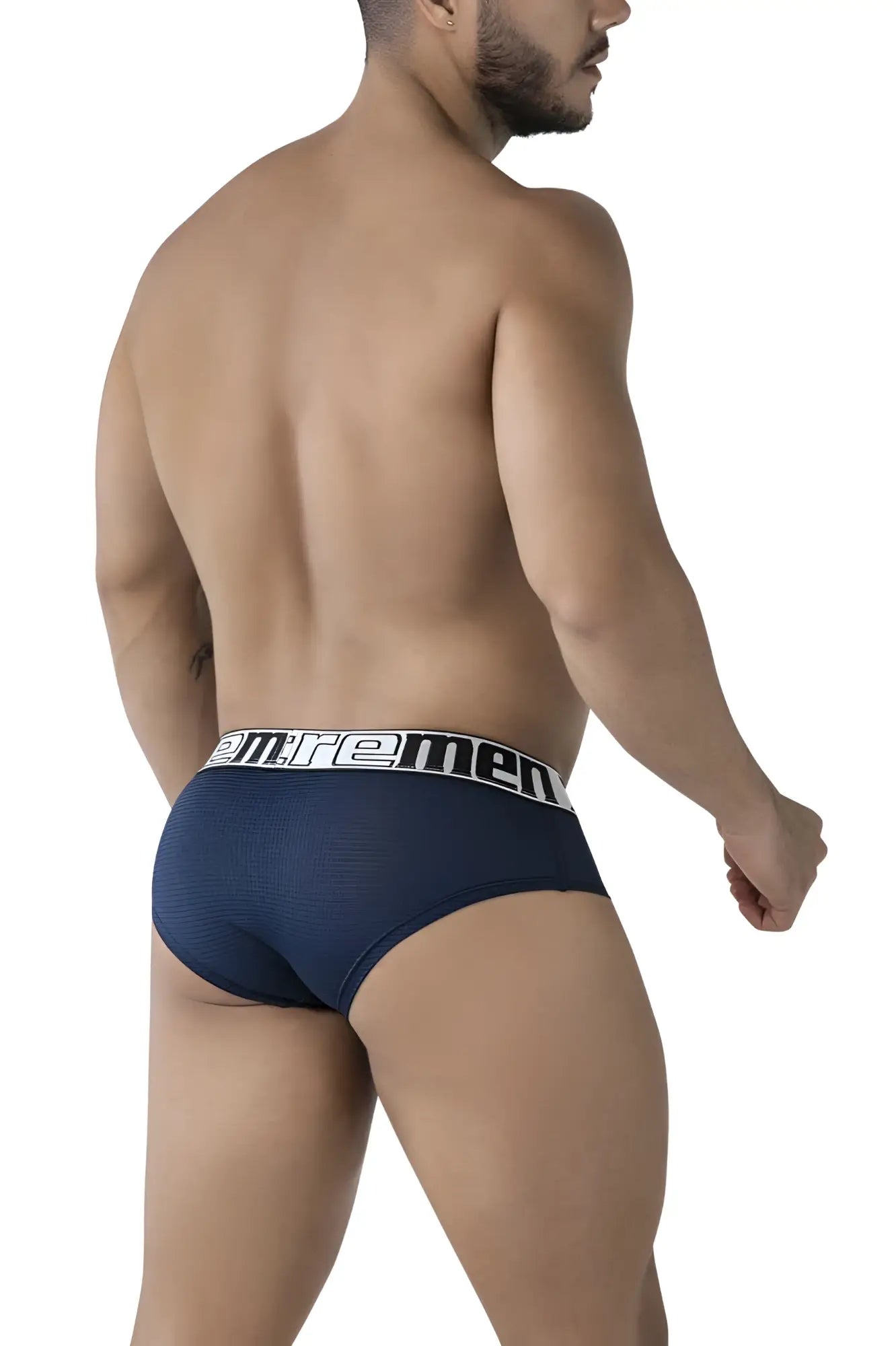 Navy blue textured xtremen 91221 microfiber briefs for men with white waistband and emremen brand name in black lettering