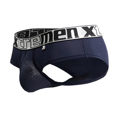 Navy xtremenxt men’s athletic briefs with textured microfiber fabric and white waistband featuring Xtremen logo