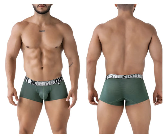 Dark green xtremen 91222 microfiber boxer briefs with textured fabric and white xtreme logo waistband in front view