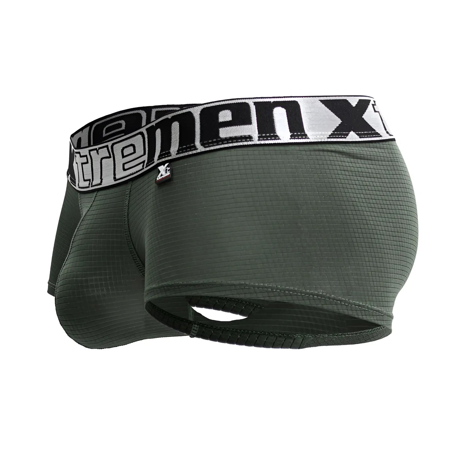 Dark green textured microfiber men’s boxer briefs with black and white extremen x elastic waistband