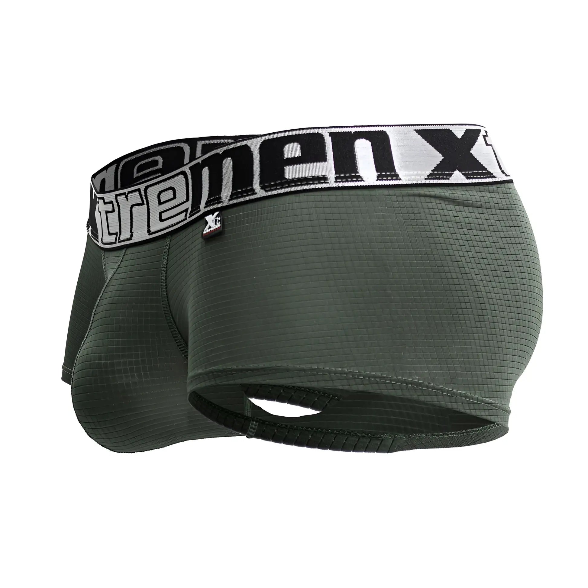 Dark green textured microfiber men’s boxer briefs with black and white extremen x elastic waistband