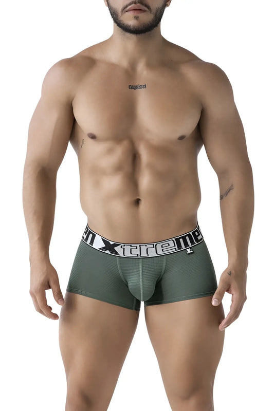 Olive green xtremen 91222 microfiber men’s boxer briefs with white elastic waistband and black xtreme logo