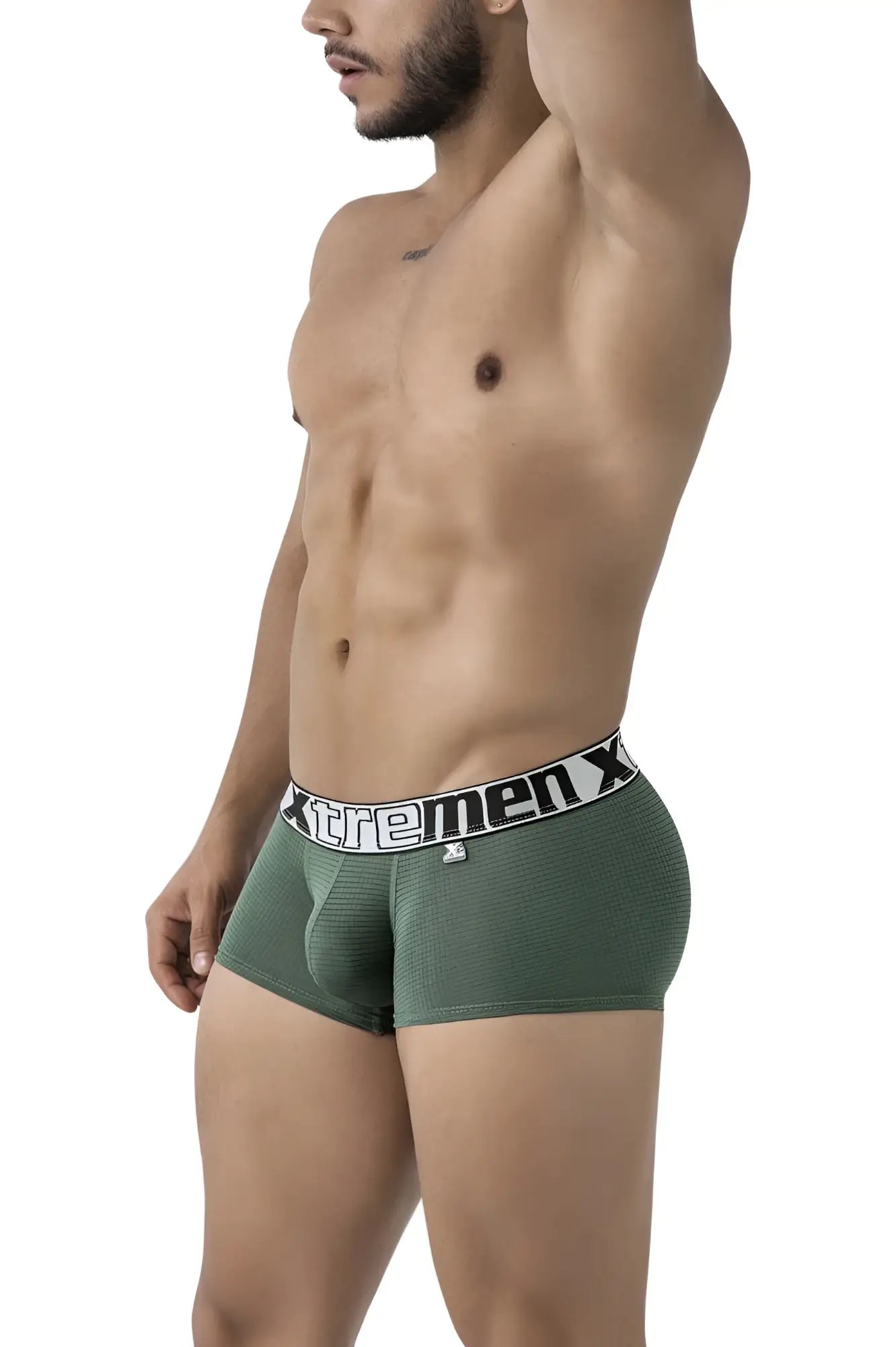 Olive green textured microfiber men’s boxer briefs with black and white xtremen x waistband xtremen 91222 trunks