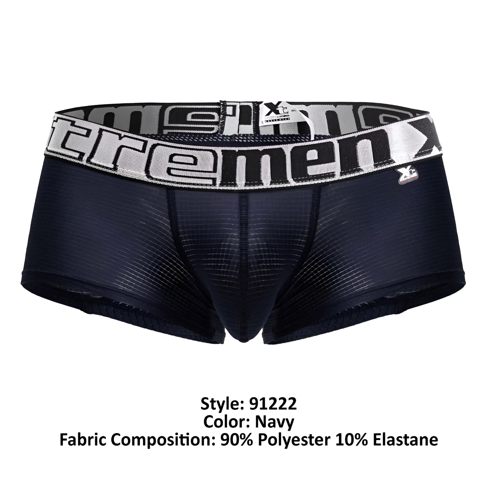 Navy microfiber men’s boxer briefs with a black and white patterned waistband featuring extreme brand logo