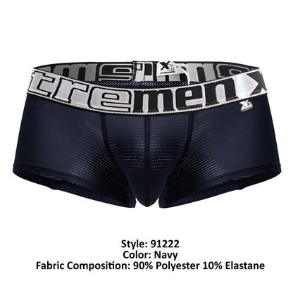 Navy microfiber men’s boxer briefs with a black and white patterned waistband featuring extreme brand logo