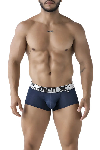 Navy xtremen 91222 microfiber trunks with white elastic waistband featuring xtreme men logo and brand emblem