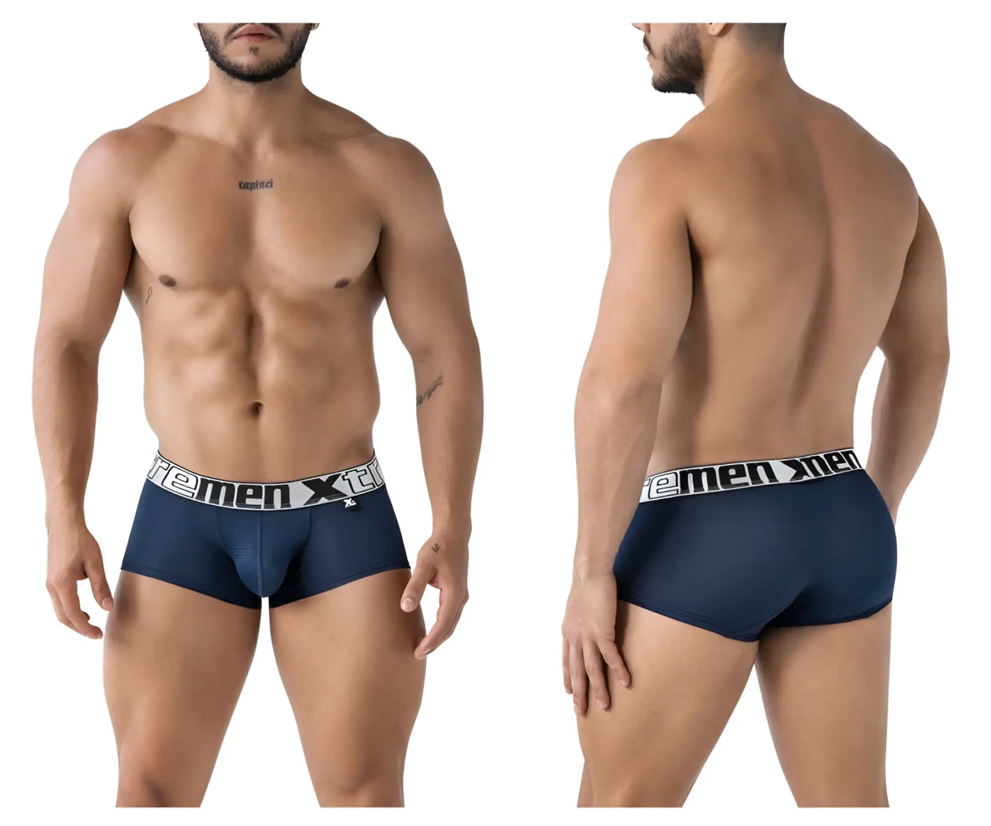 Navy xtremen 91222 microfiber trunks with white elastic waistband featuring premen xt logo in black lettering