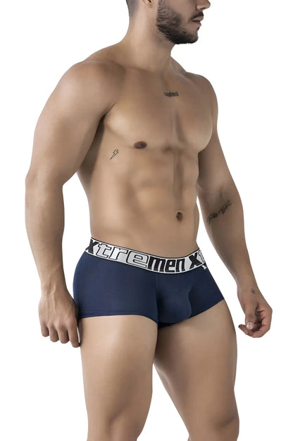 Navy xtremen 91222 microfiber boxer briefs with white elastic waistband and black brand logo lettering