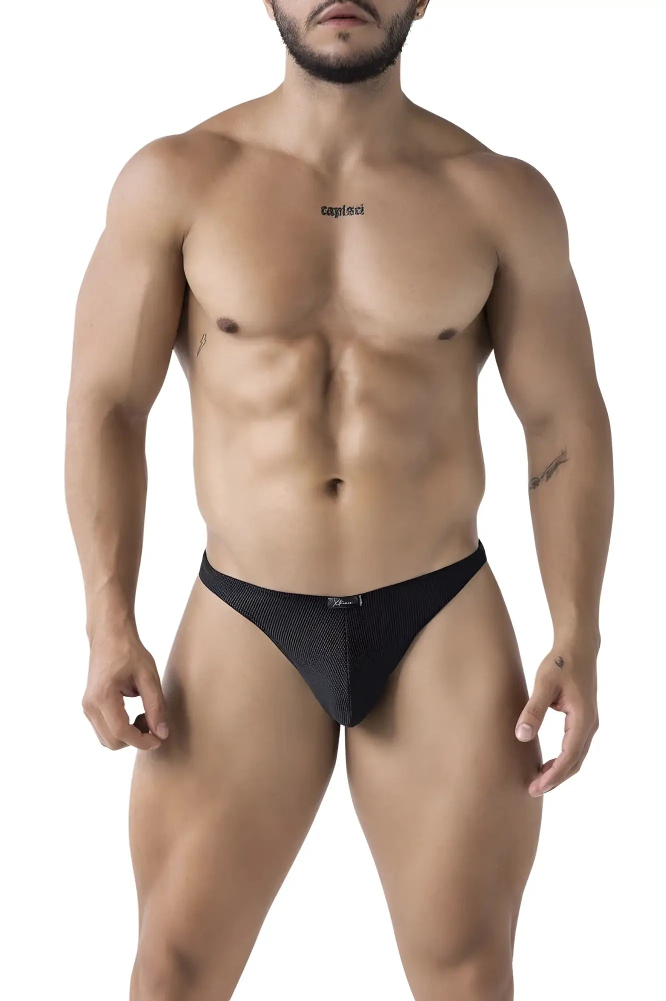 Black xtremen 91223 microfiber thong briefs with subtle textured mesh pattern and small logo on waistband