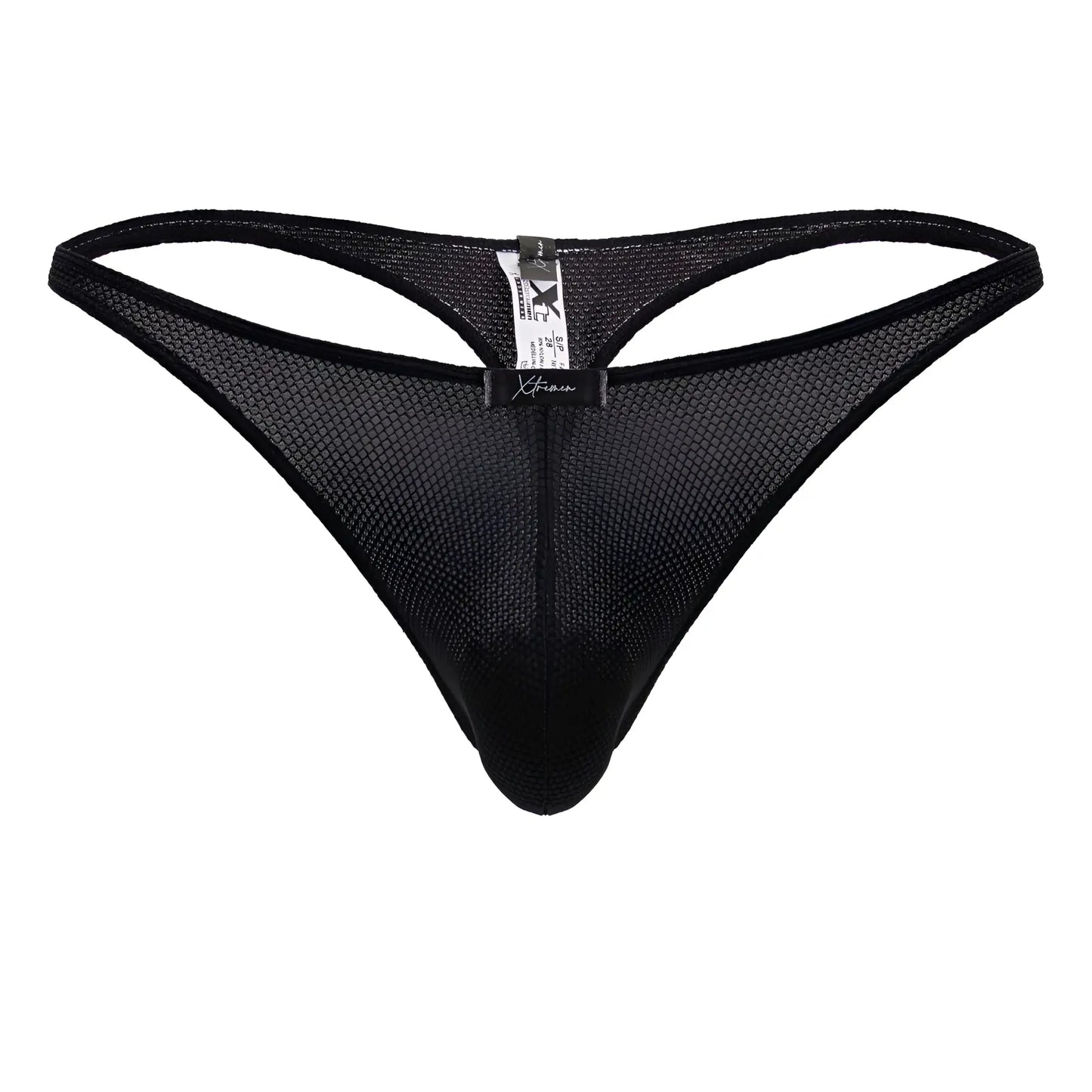 Black mesh xtremen 91223 microfiber thong showing the back with sleek form-fitting design and branded tag