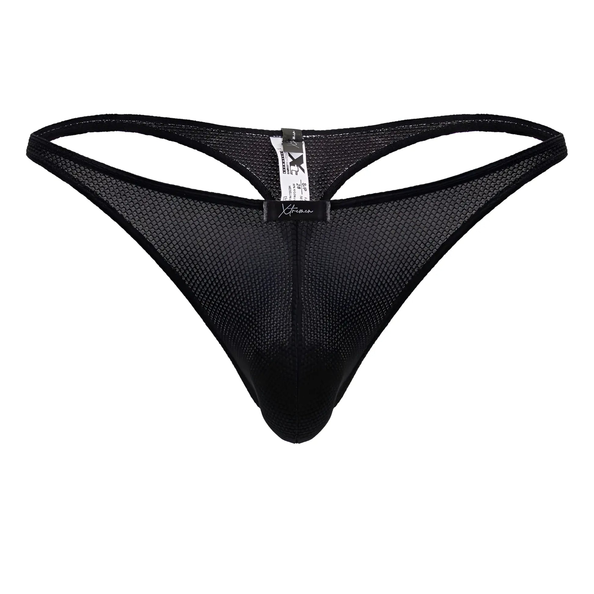 Black mesh xtremen 91223 microfiber thong showing the back with sleek form-fitting design and branded tag