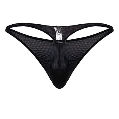 Black mesh xtremen 91223 microfiber thong showing the back with sleek form-fitting design and branded tag