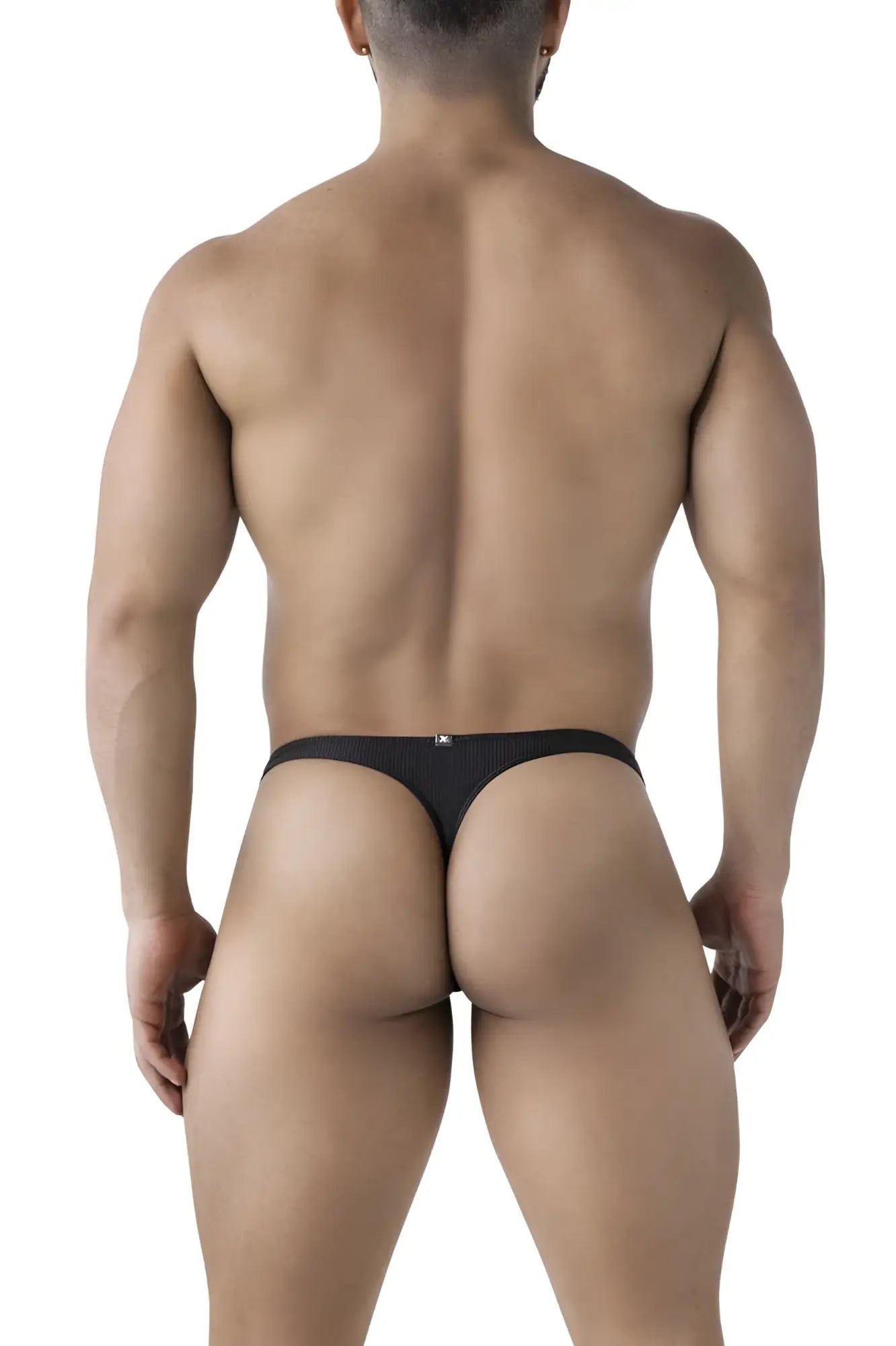Black xtremen 91223 microfiber thong featuring ribbed texture and small logo on waistband front side