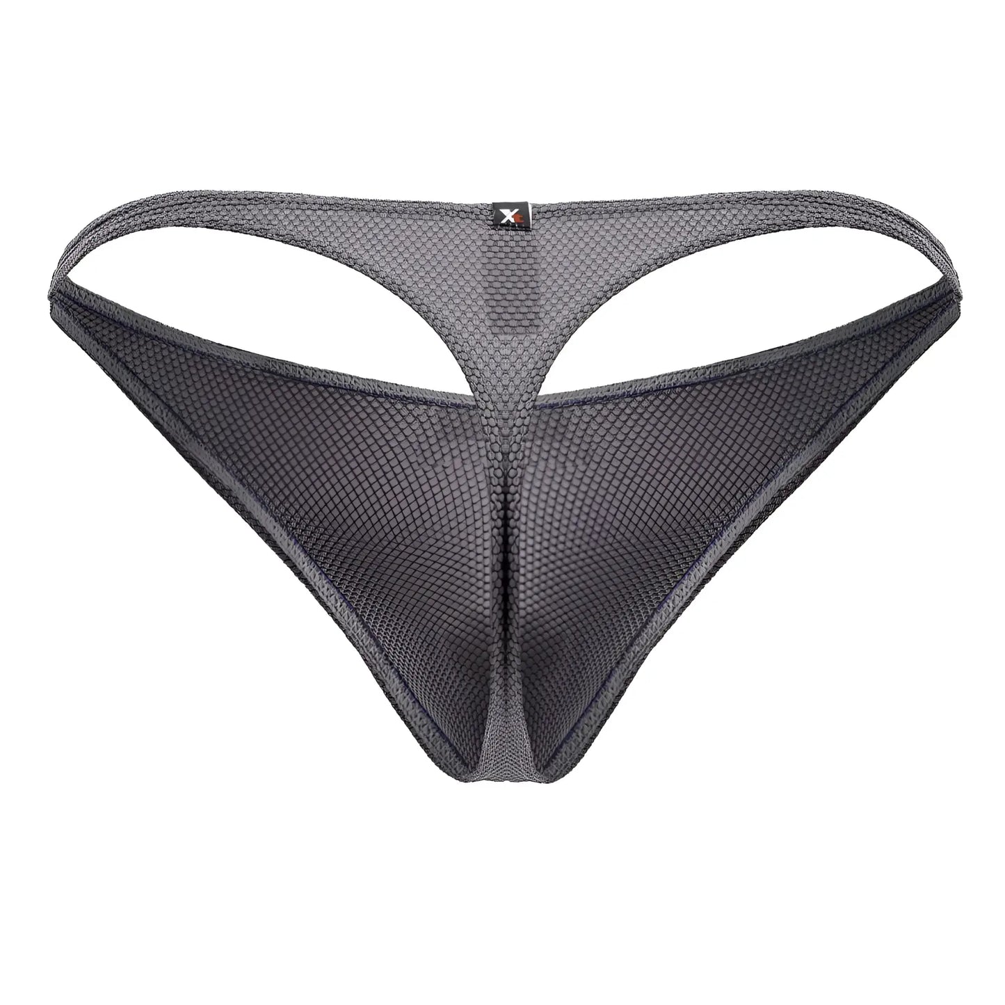 Dark gray Xtremen 91223 microfiber mesh thong with subtle textured pattern and black logo tag on waistband front