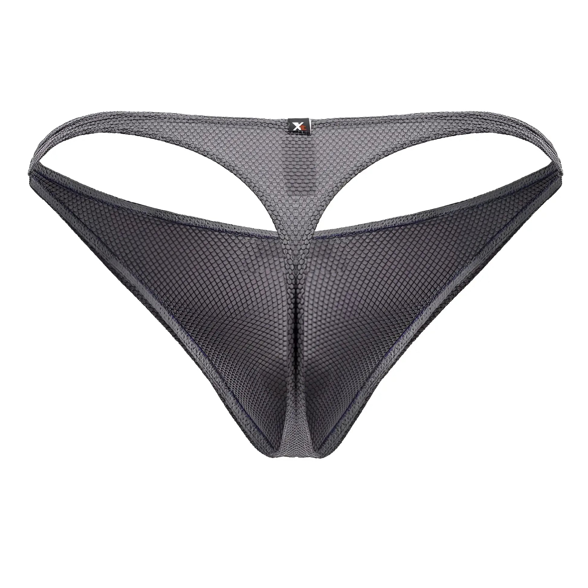 Dark gray Xtremen 91223 microfiber mesh thong with subtle textured pattern and black logo tag on waistband front