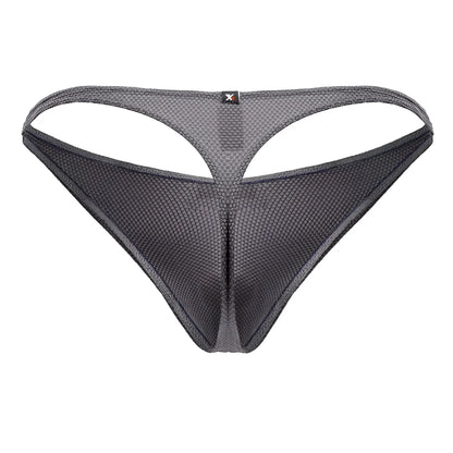 Dark gray Xtremen 91223 microfiber mesh thong with subtle textured pattern and black logo tag on waistband front