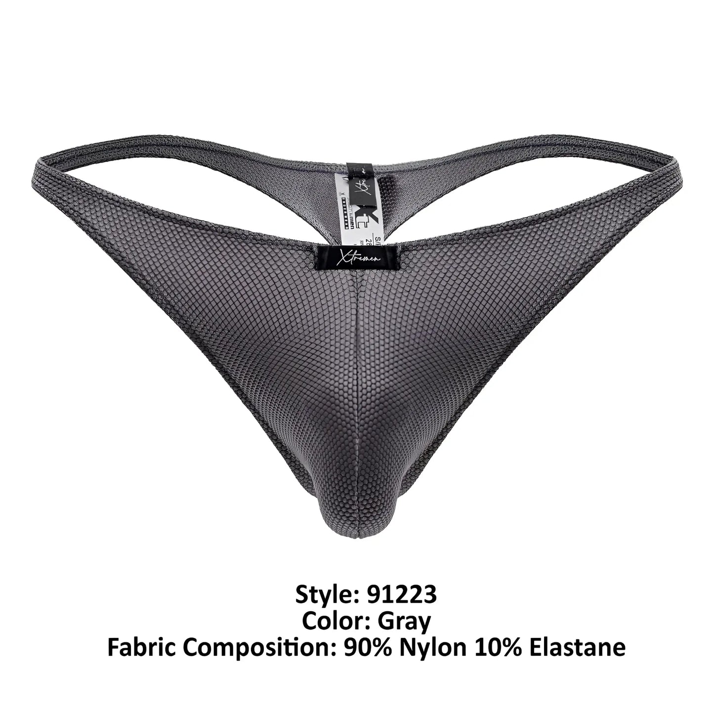 Gray xtremen 91223 microfiber thong with subtle textured mesh pattern and reinforced waistband featuring xtreme label