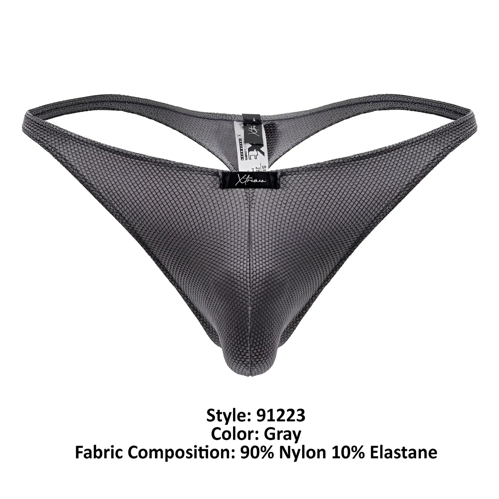 Gray xtremen 91223 microfiber thong with subtle textured mesh pattern and reinforced waistband featuring xtreme label