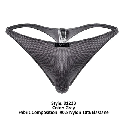 Gray xtremen 91223 microfiber thong with subtle textured mesh pattern and reinforced waistband featuring xtreme label