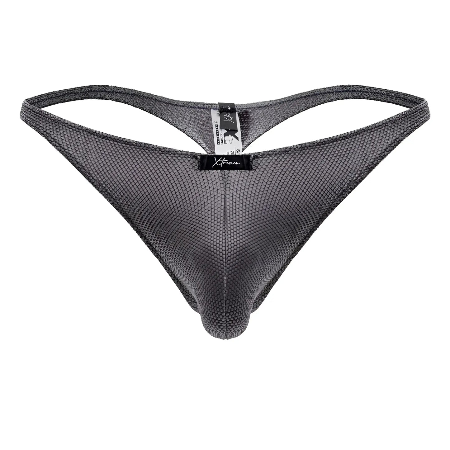 Gray xtremen 91223 microfiber thong with breathable mesh fabric and black brand tag at the center front